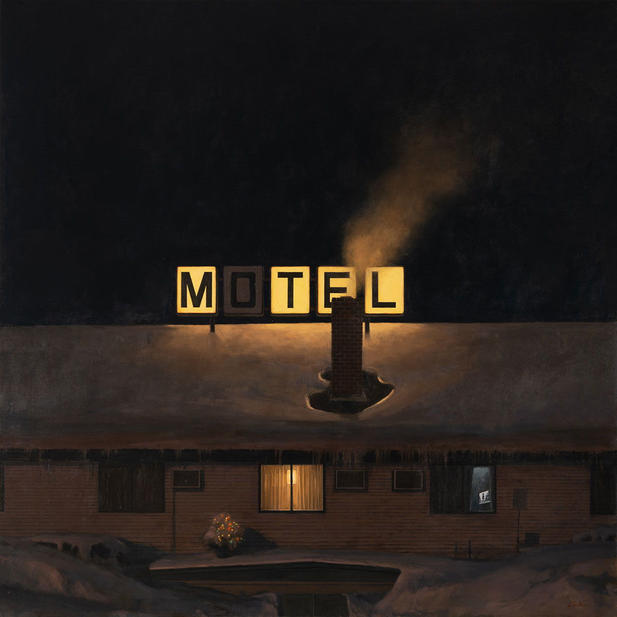 Click to enlarge A darkly lit painting of a Motel sign and building with a light on in one room window.